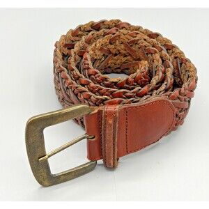 GW Brown Braided Leather Belt Solid Brass Buckle Boho Western 34/36” M Unisex